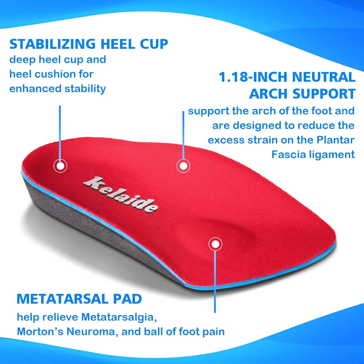 Kelaide 3/4 Orthotic Inserts Plantar Fasciitis Insoles – Neutral Arch Support Insoles for Flat Feet, Metatarsalgia, Morton's Neuroma, Heel Pain Relief Orthotics for Heel Spurs