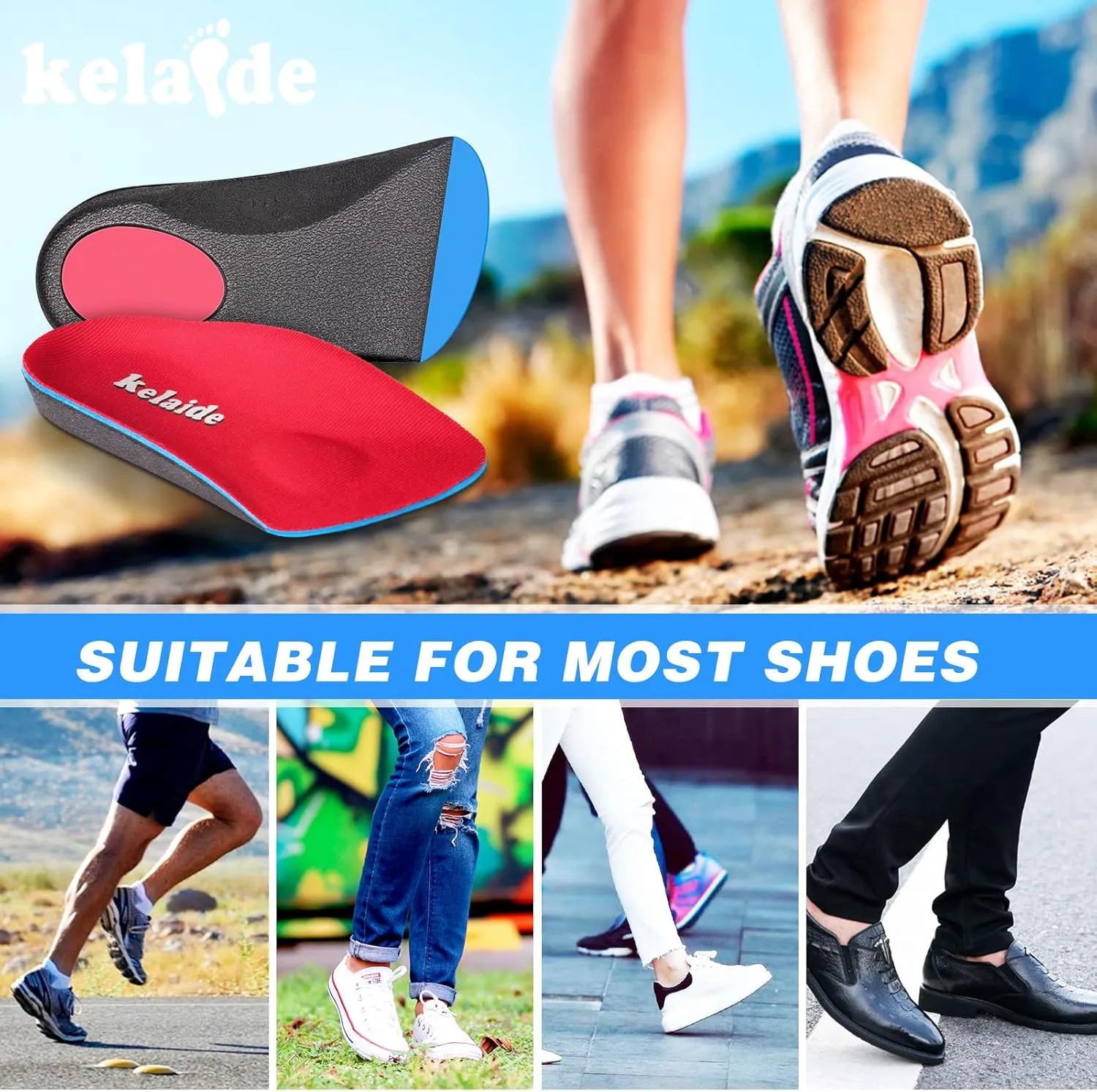 Kelaide 3/4 Orthotic Inserts Plantar Fasciitis Insoles – Neutral Arch Support Insoles for Flat Feet, Metatarsalgia, Morton's Neuroma, Heel Pain Relief Orthotics for Heel Spurs
