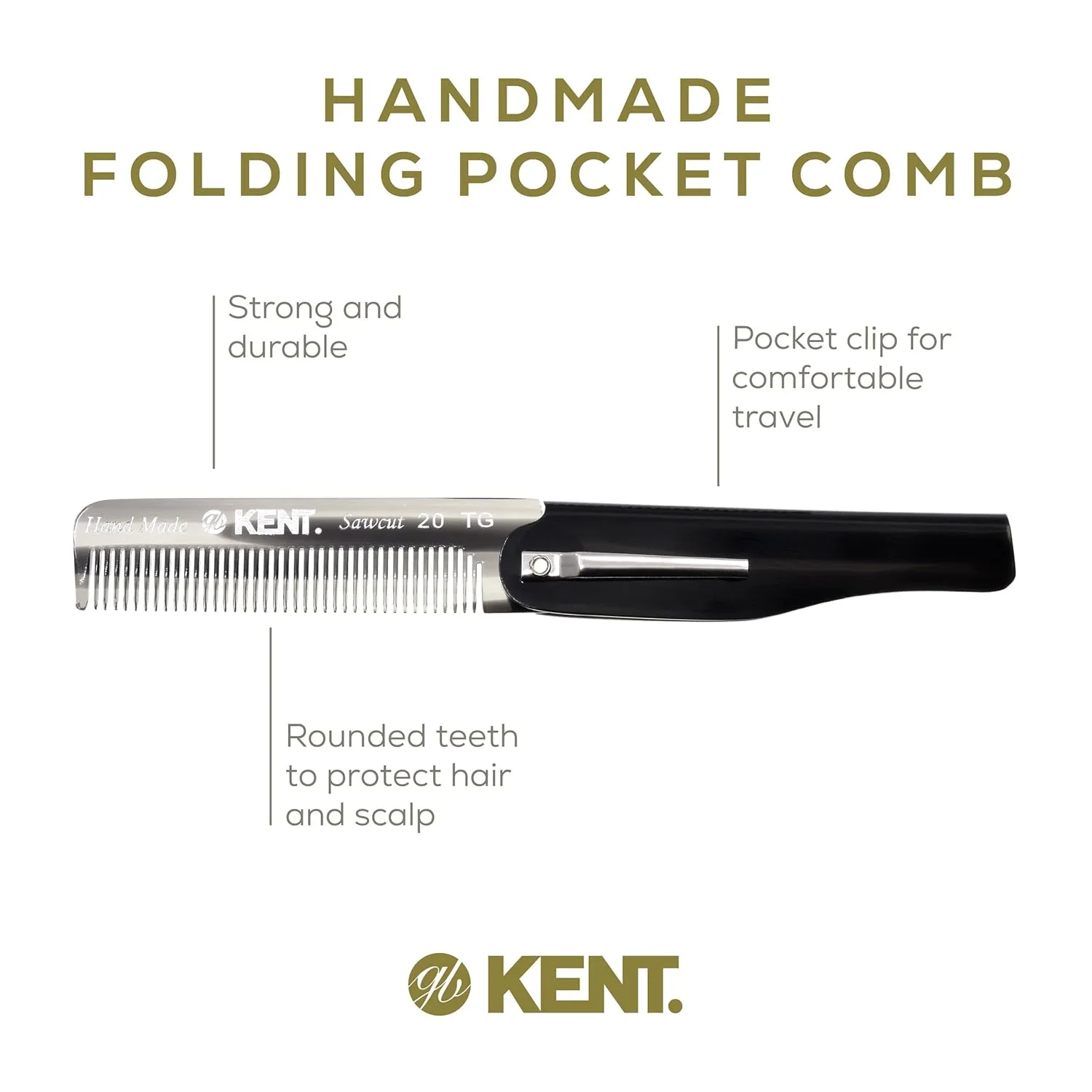 Kent 20T Black Graphite Handmade Folding Pocket Comb for Men, Fine Tooth Hair Comb Straightener for Everyday Grooming Styling Hair, Beard or Mustache, Use Dry or with Balms, Saw Cut, Made in England