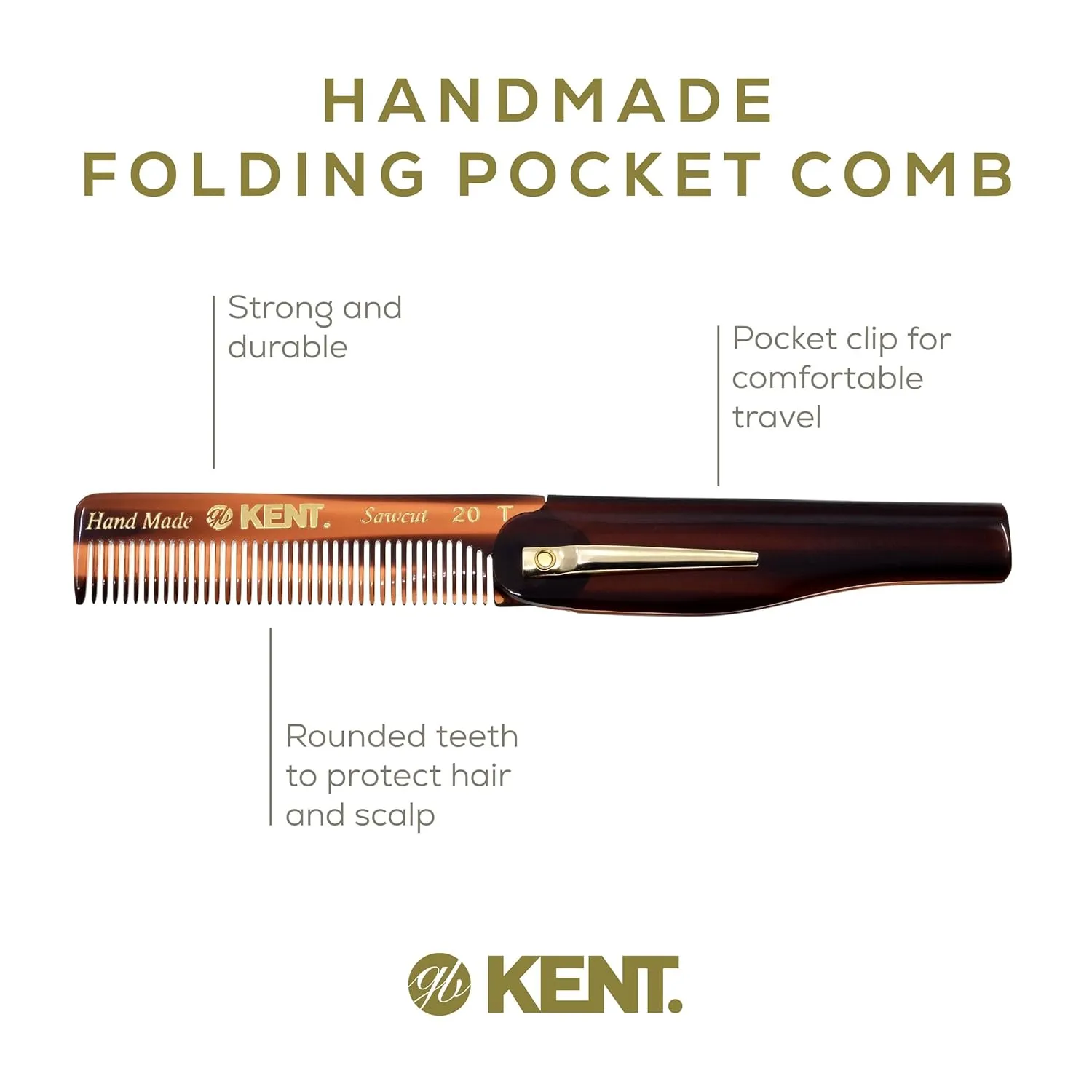 Kent 20T Handmade Folding Pocket Comb for Men, Fine Tooth Hair Comb Straightener for Everyday Grooming Styling Hair, Beard or Mustache, Use Dry or with Balms, Saw Cut Hand Polished, Made in England