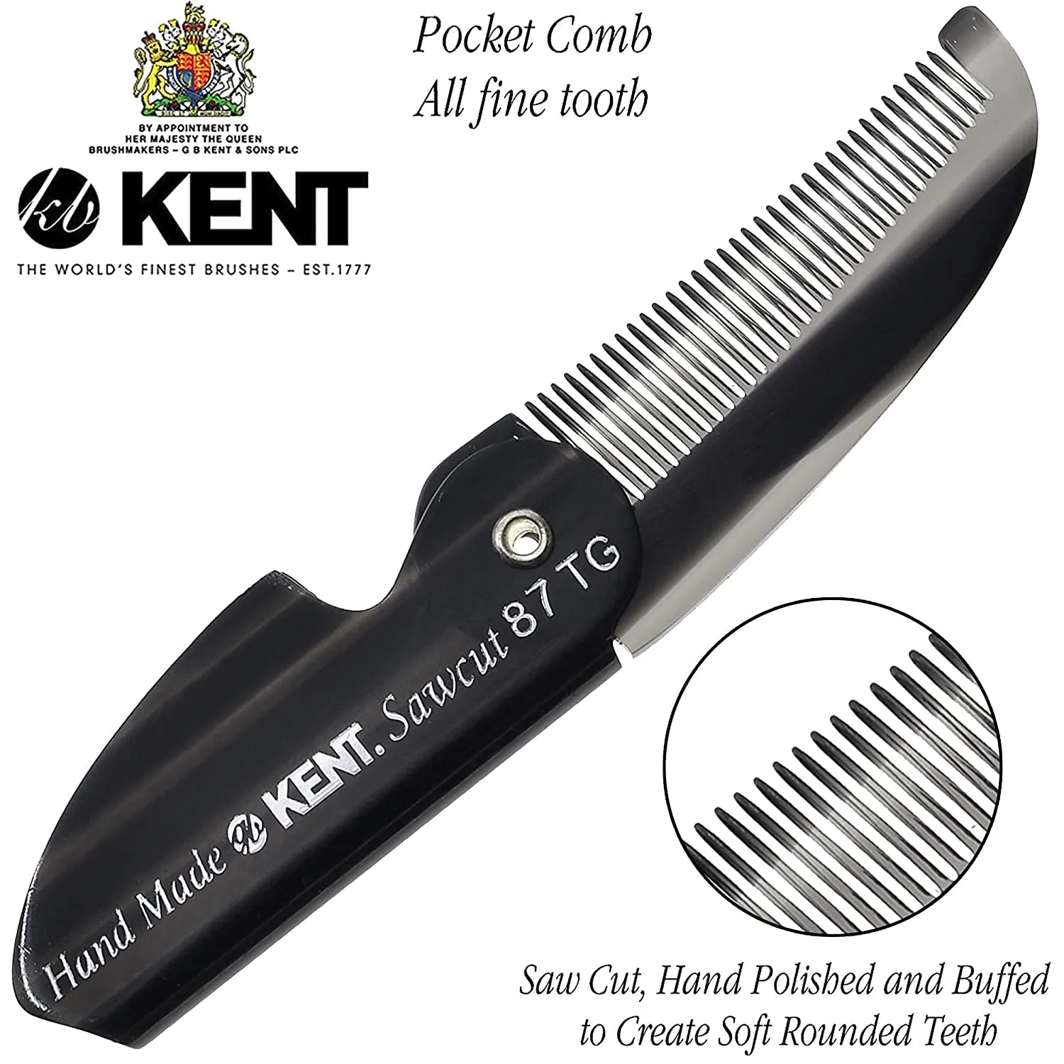 Kent 87T Combo Handmade Folding Pocket Comb for Men, Fine Tooth Hair Comb Straightener for Everyday Grooming Styling Hair, Beard or Mustache, Use Wet or Dry, Saw Cut Hand Polished, Made in England