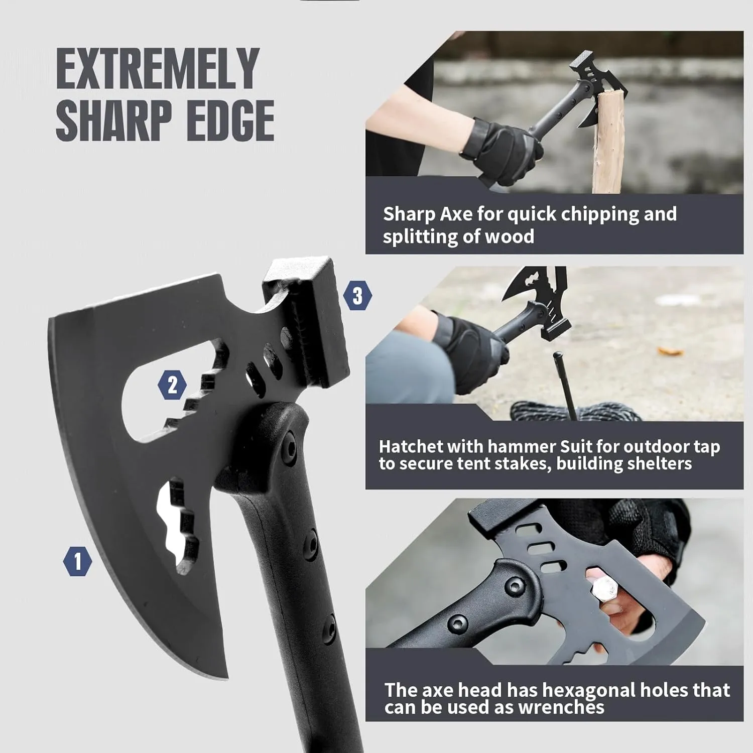 KHU Camping Axe Tactical Throwing Axe Tomahawk Survival Hatchet with Sheath - Nylon Fiber Handle for Outdoor Hunting Bushcraft Hiking Camping Gear Garden Tools (Black-03A)