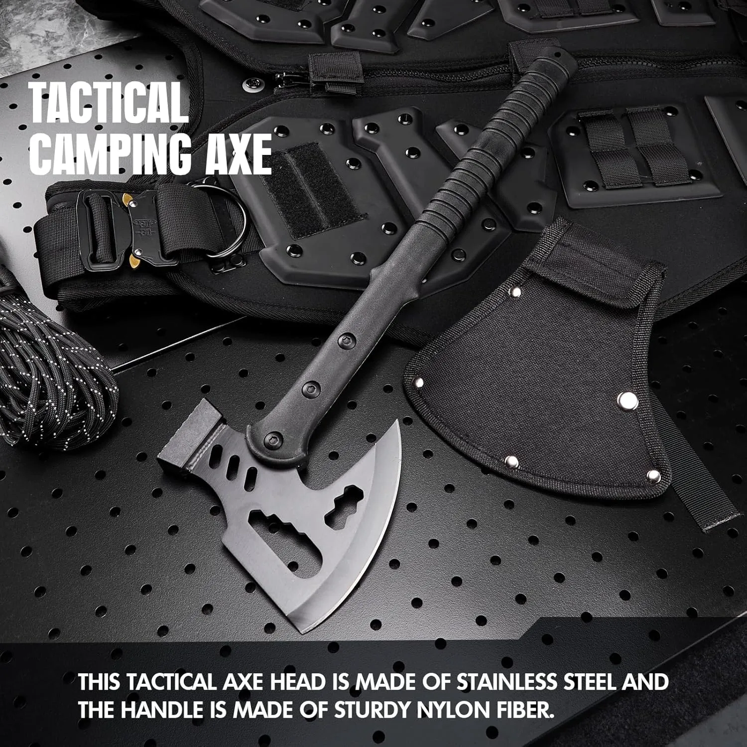 KHU Camping Axe Tactical Throwing Axe Tomahawk Survival Hatchet with Sheath - Nylon Fiber Handle for Outdoor Hunting Bushcraft Hiking Camping Gear Garden Tools (Black-03A)