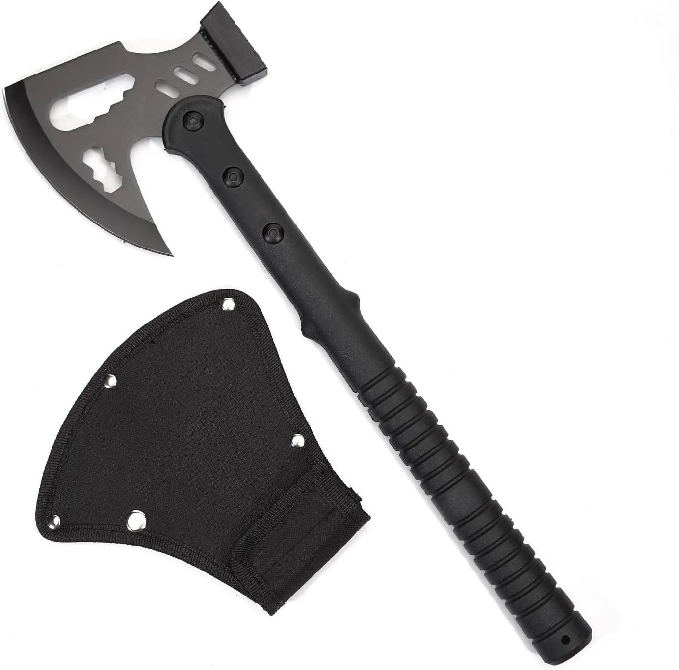 KHU Camping Axe Tactical Throwing Axe Tomahawk Survival Hatchet with Sheath - Nylon Fiber Handle for Outdoor Hunting Bushcraft Hiking Camping Gear Garden Tools (Black-03A)