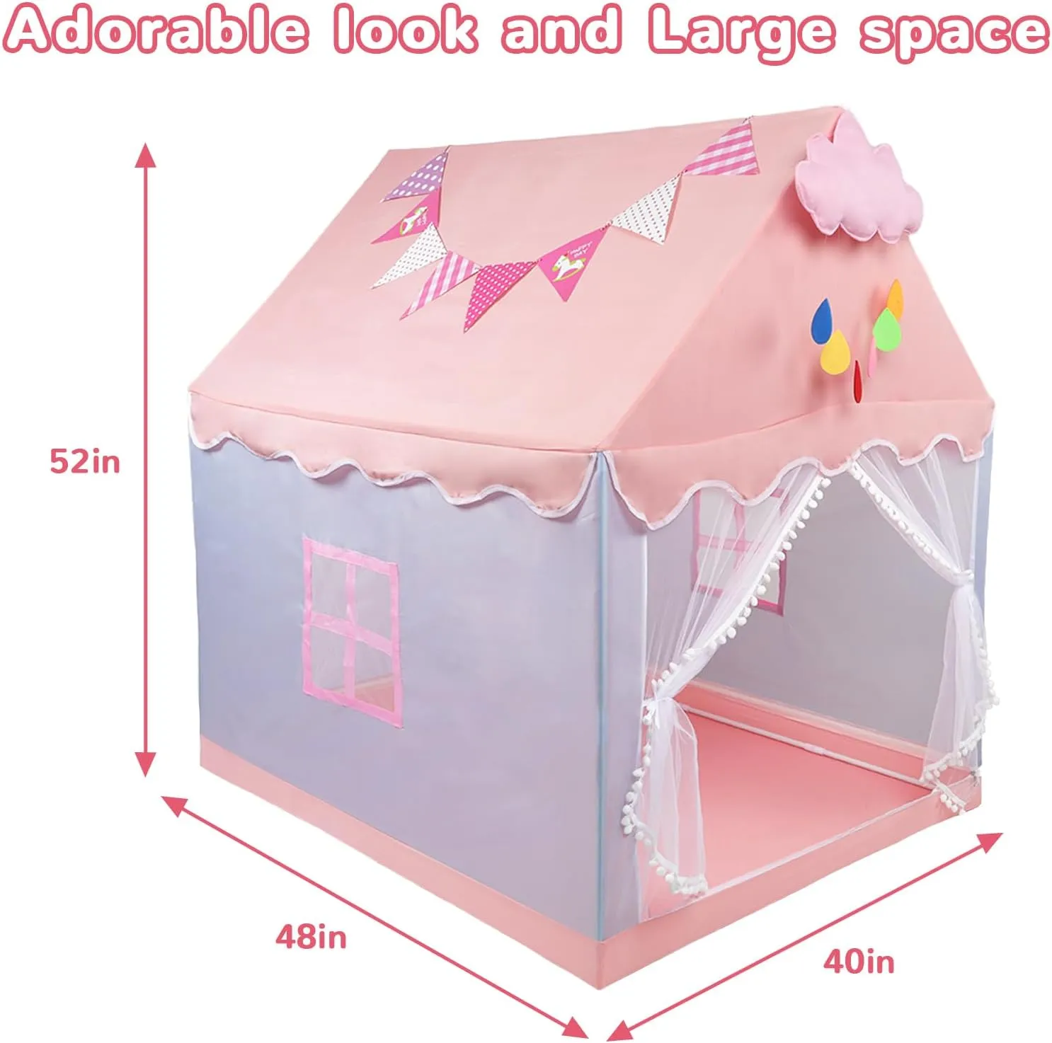 Kids Tent Play Tents for Toddler Children Indoor and Outdoor Large Pink Girls Princess Playhouse Castle with Windows Clouds and Flags Kids Room Furniture 40" L × 48" W × 52" H