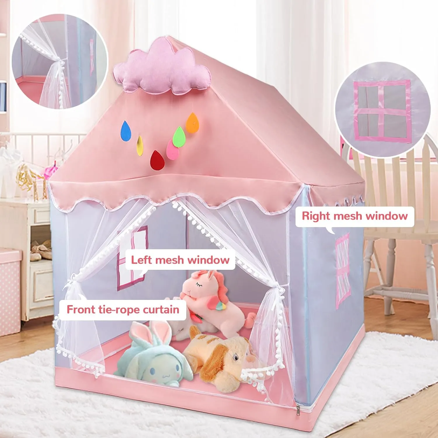 Kids Tent Play Tents for Toddler Children Indoor and Outdoor Large Pink Girls Princess Playhouse Castle with Windows Clouds and Flags Kids Room Furniture 40" L × 48" W × 52" H