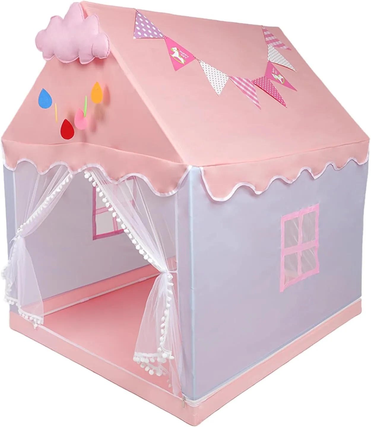 Kids Tent Play Tents for Toddler Children Indoor and Outdoor Large Pink Girls Princess Playhouse Castle with Windows Clouds and Flags Kids Room Furniture 40" L × 48" W × 52" H