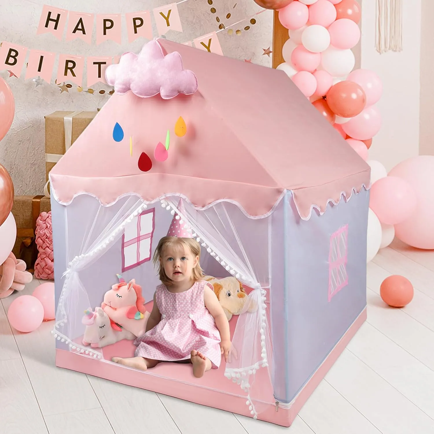Kids Tent Play Tents for Toddler Children Indoor and Outdoor Large Pink Girls Princess Playhouse Castle with Windows Clouds and Flags Kids Room Furniture 40" L × 48" W × 52" H