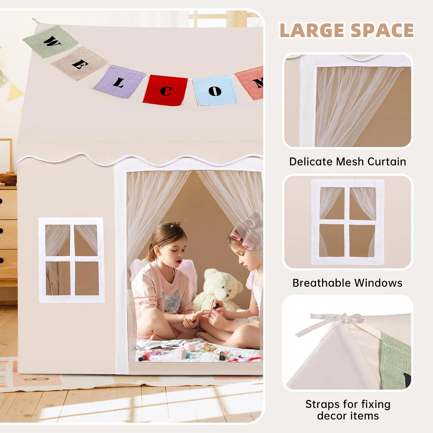 Kids Tent with Mat,Play House for Kids Indoor Outdoor,Play Tent Princess Fort Castle Playhouse for Girls Boys (Beige(Wave))