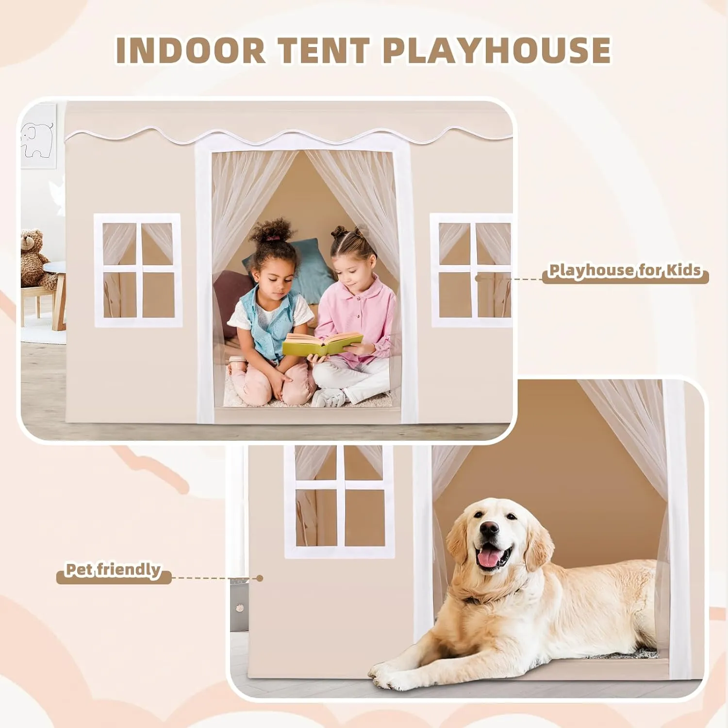 Kids Tent with Mat,Play House for Kids Indoor Outdoor,Play Tent Princess Fort Castle Playhouse for Girls Boys (Beige(Wave))