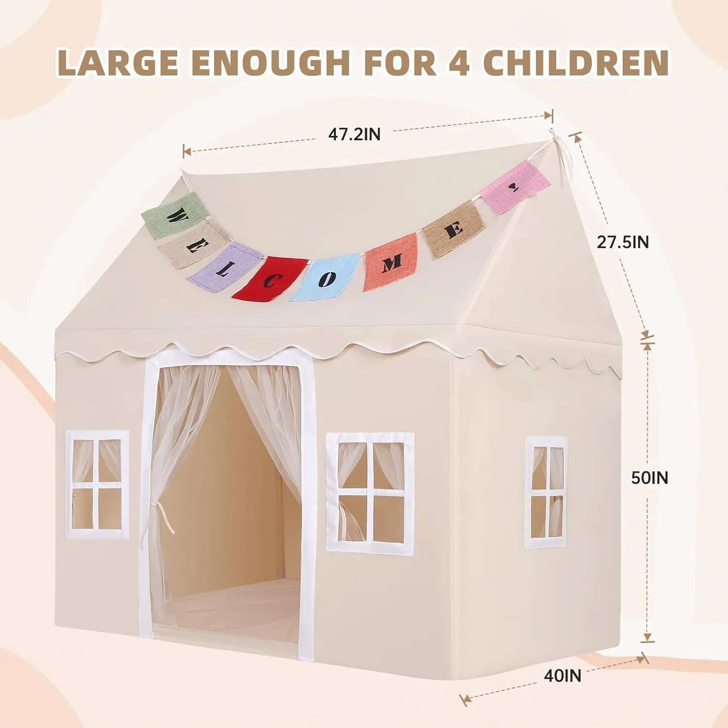Kids Tent with Mat,Play House for Kids Indoor Outdoor,Play Tent Princess Fort Castle Playhouse for Girls Boys (Beige(Wave))