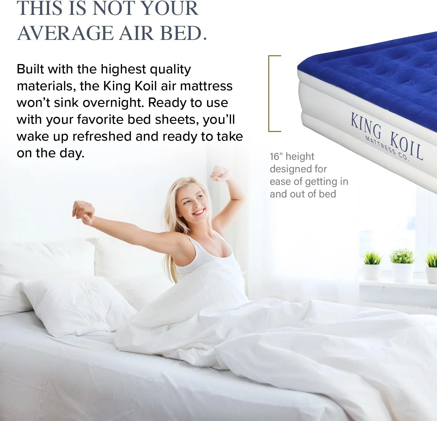King Koil Luxury Air Mattress Full Size with Built-in Pump for Home, Camping & Guests, 16" Inflatable Airbed Double High Adjustable Blow Up Mattress, Durable - Portable and Waterproof