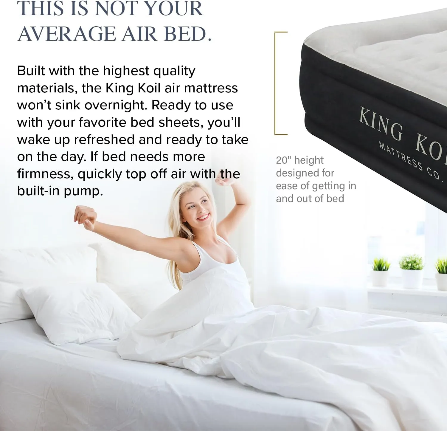 King Koil Luxury Full Size Plush Pillow Top Air Mattress with Built-in High-Speed Pump for Home, Camping & Guests 20" Inflatable Double High Blow Up Airbed, Durable, Waterproof, 1-Year Warranty
