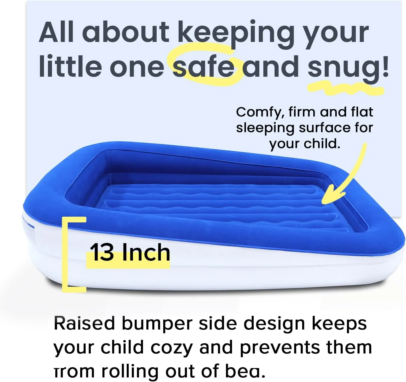 King Koil Luxury Toddler Inflatable Child Airbed, Travel Bed with Built-in Safety Bumper, Portable Air Mattress for Kids, Includes High-Speed Pump - Blue