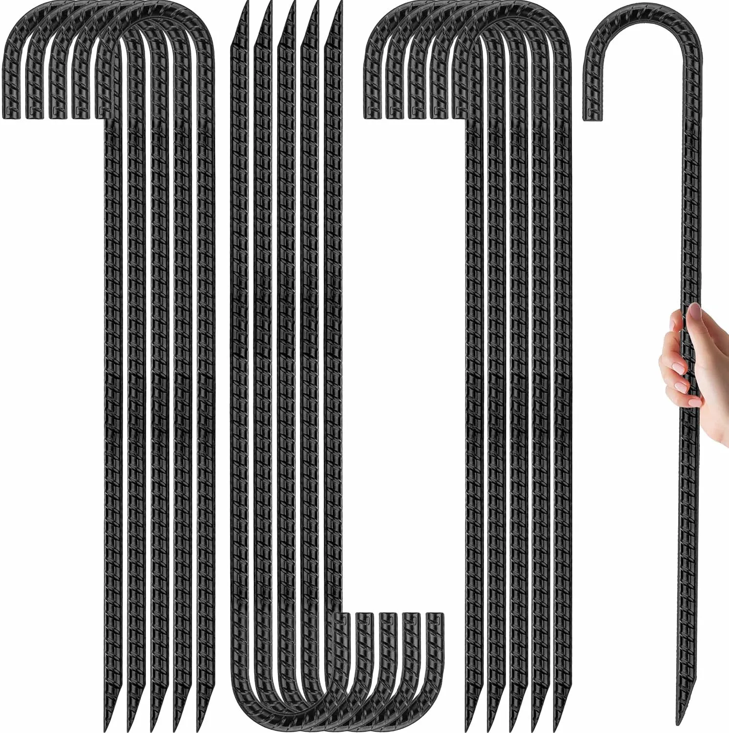 Kingsyard 16 Pack 16 Inch Galvanized Steel Metal J Hook Rebar Stakes, 0.4 inch Diameter Ground Anchors Heavy Duty Tent Stakes, Trampolines Stakes, Chain Link Fence Stakes, Black