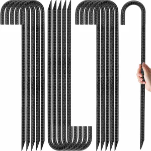 Kingsyard 16 Pack 16 Inch Galvanized Steel Metal J Hook Rebar Stakes, 0.4 inch Diameter Ground Anchors Heavy Duty Tent Stakes, Trampolines Stakes, Chain Link Fence Stakes, Black