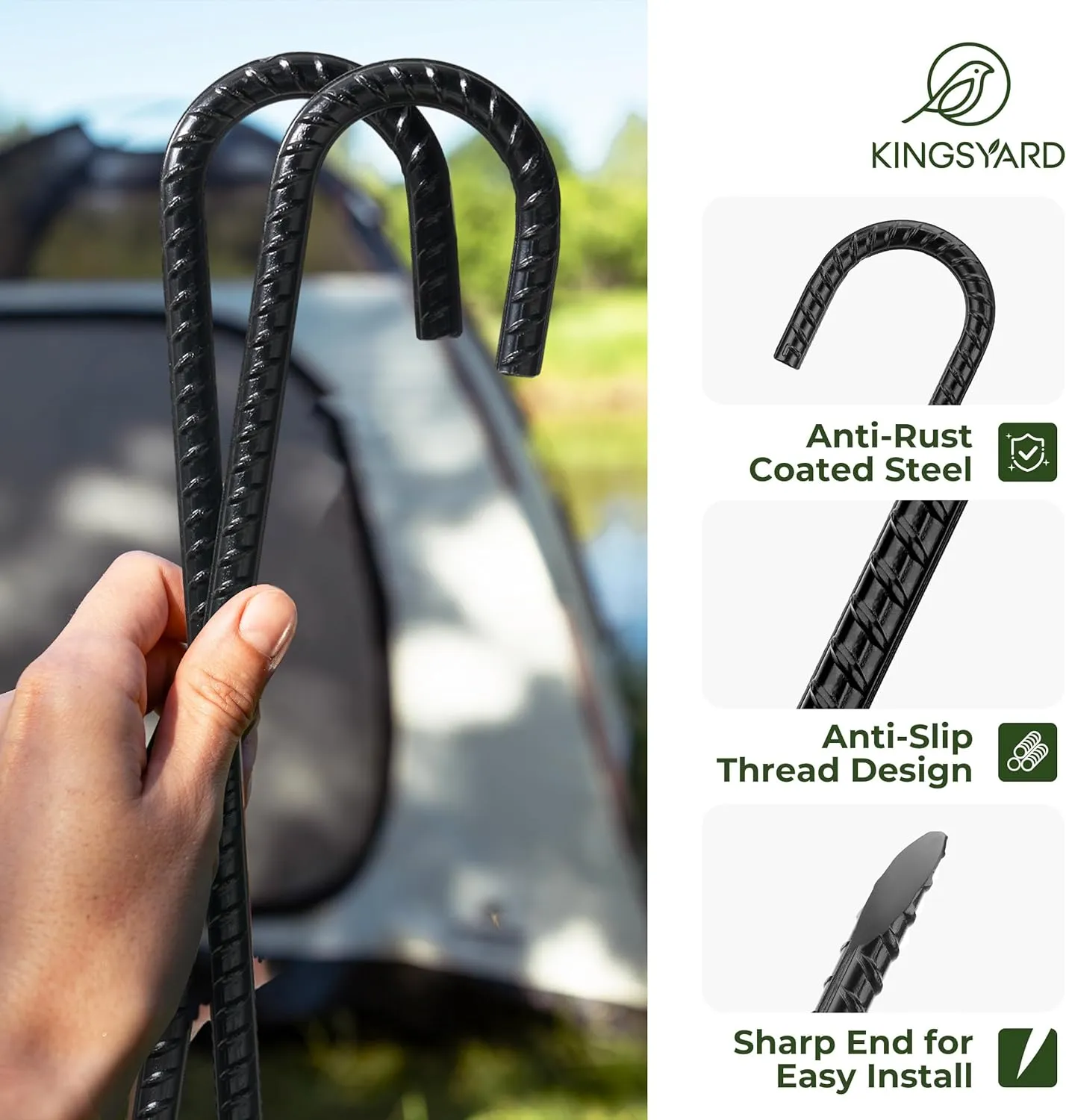 Kingsyard 16 Pack 16 Inch Galvanized Steel Metal J Hook Rebar Stakes, 0.4 inch Diameter Ground Anchors Heavy Duty Tent Stakes, Trampolines Stakes, Chain Link Fence Stakes, Black