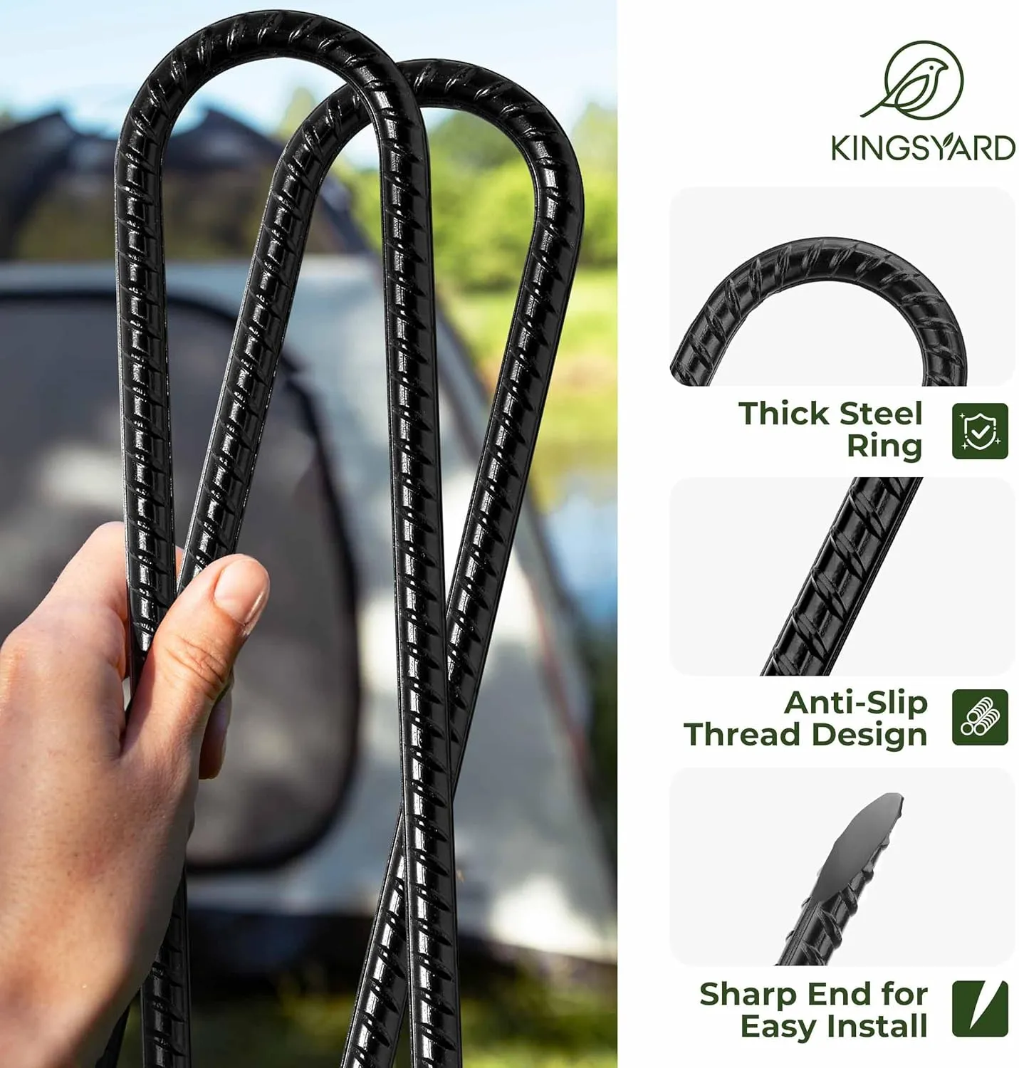 Kingsyard 16 Pack Trampolines Wind Stakes-16 Inch Long, 0.4 Inch Diameter Galvanized Steel U Hook Rebar Stakes, Multi-Purpose Heavy Duty Ground Anchors for Tent, Fences, Swing, Landscape, Black