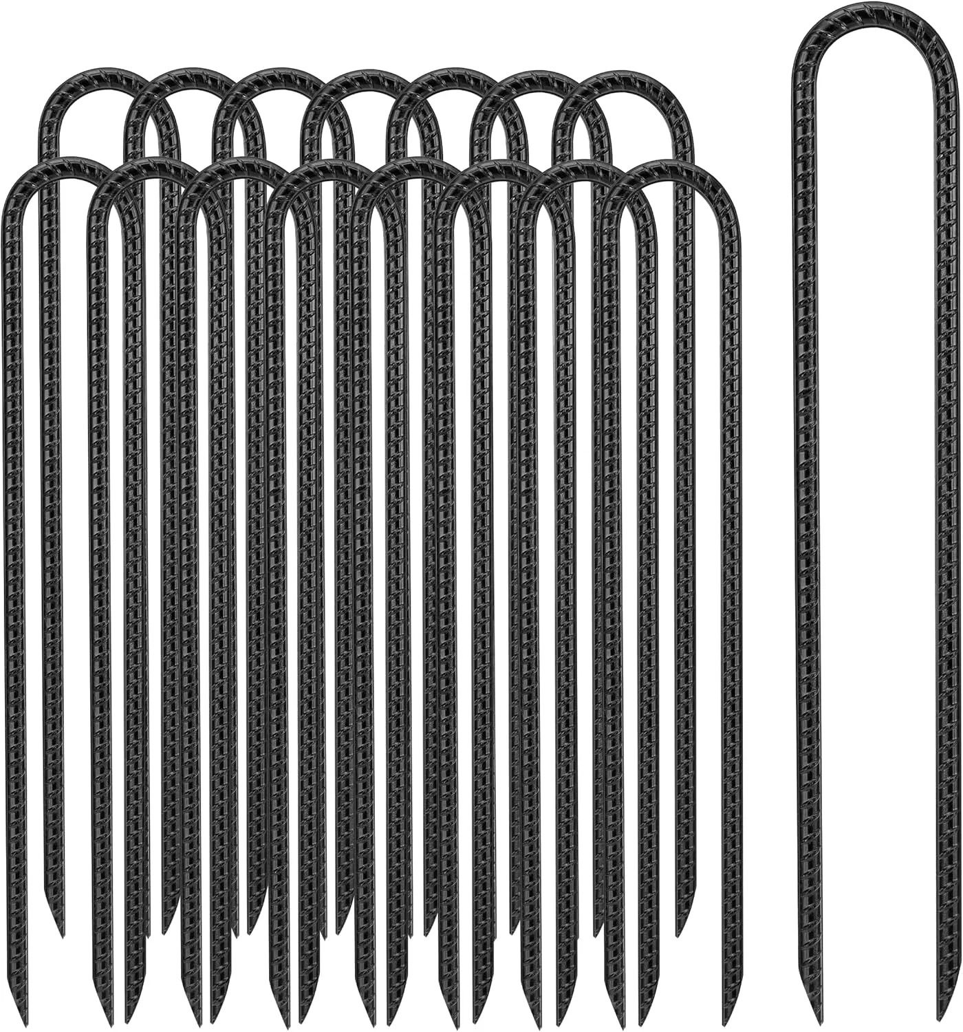 Kingsyard 16 Pack Trampolines Wind Stakes-16 Inch Long, 0.4 Inch Diameter Galvanized Steel U Hook Rebar Stakes, Multi-Purpose Heavy Duty Ground Anchors for Tent, Fences, Swing, Landscape, Black