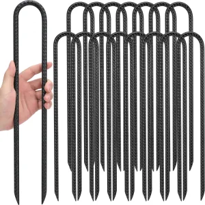 Kingsyard 16 Pack Trampolines Wind Stakes-16 Inch Long, 0.4 Inch Diameter Galvanized Steel U Hook Rebar Stakes, Multi-Purpose Heavy Duty Ground Anchors for Tent, Fences, Swing, Landscape, Black