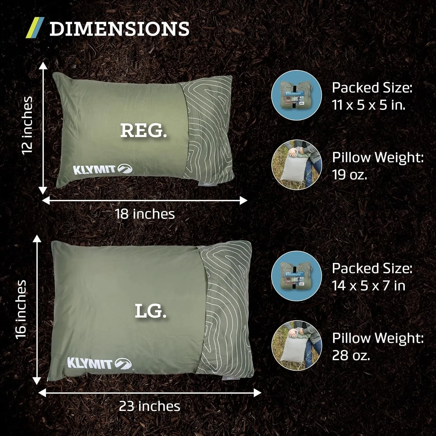 Klymit Drift Camping Pillow, Shredded Memory Foam Travel Pillow with Reversible Cover for Outdoor Use, Green, Regular