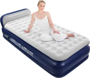 KMZ Air Mattress with Headboard Twin XL Size – Built-in Electric Pump Comfort-Plush Enhanced Coil Technology Mattress for Home, Travel & Camping - Durable Blow Up Mattress