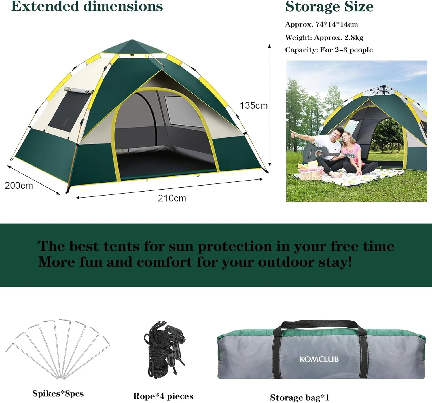 KOMCLUB Camping Tent 1/2/3 Person Tents for Family Camp Tent Waterproof Windproof Outdoor for Backpacking Hiking Easy Setup with Storage Bag,8 Ground ding,4 Windproof Rope