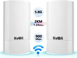 KuWFi 5.8G WiFi Bridge Point to Point Outdoor,900Mbps Network Wireless Ethernet Bridge,2KM/1.24 Miles P2P Wireless Bridge Outdoor CPE Kit IP65 Waterproof for Extend starlink Router Signal