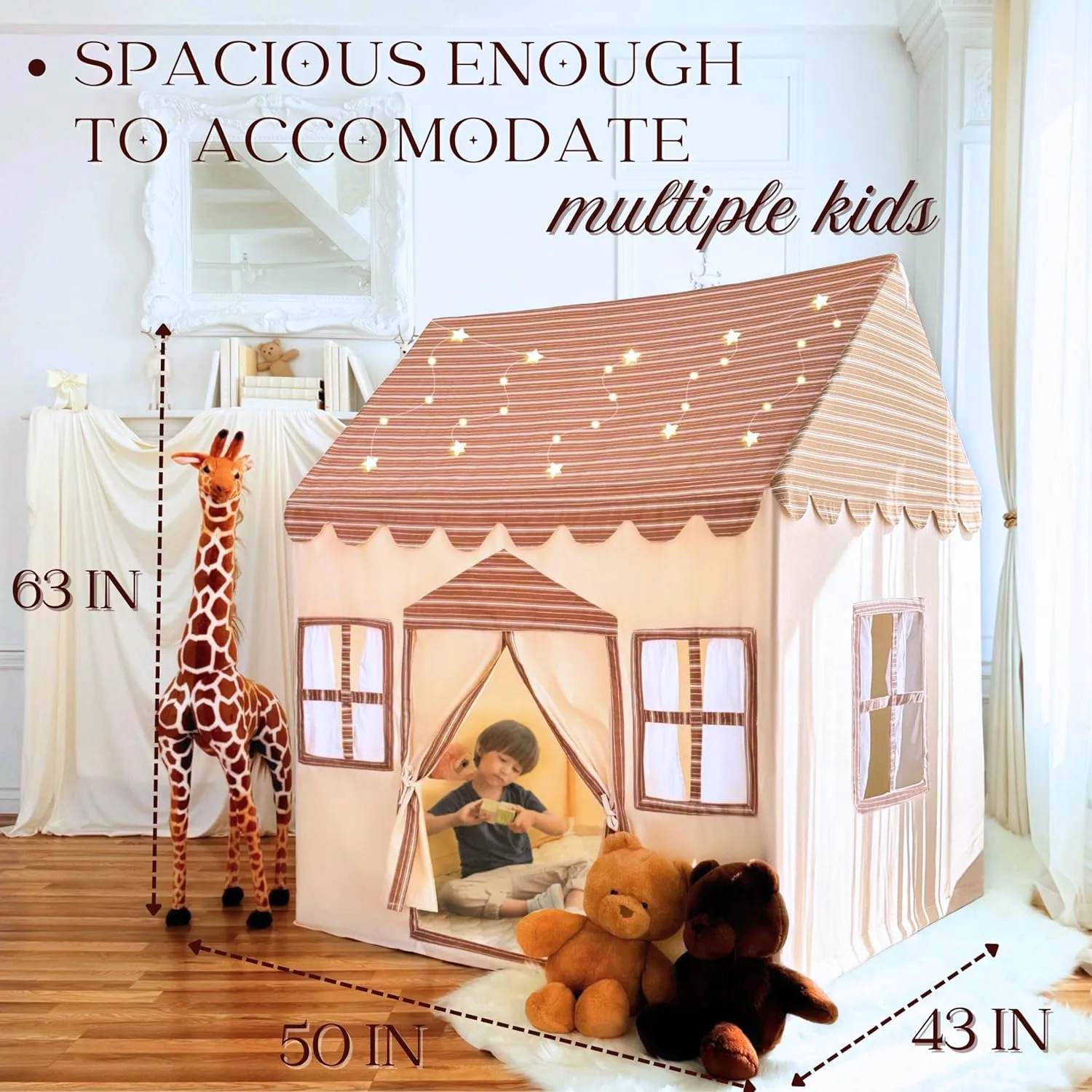 Large Cotton Tent for Kids- 50"x43"x63" Indoor Playhouse with Wooden Frame & Battery Lights, Kids Tent with Carry Bag, 3 Windows & 2 Pockets, CPSC Certified Play House for Boys and Girls