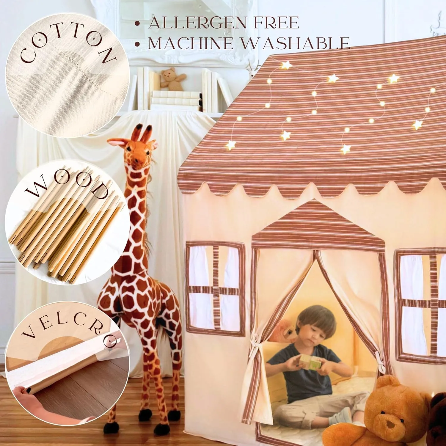 Large Cotton Tent for Kids- 50"x43"x63" Indoor Playhouse with Wooden Frame & Battery Lights, Kids Tent with Carry Bag, 3 Windows & 2 Pockets, CPSC Certified Play House for Boys and Girls