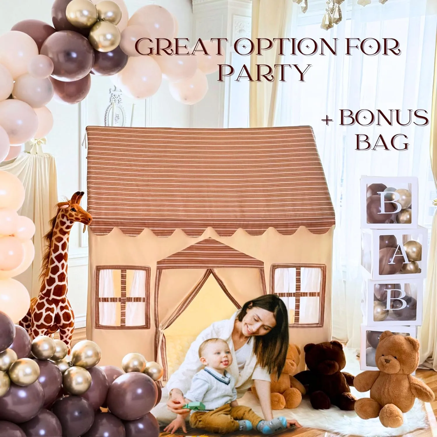 Large Cotton Tent for Kids- 50"x43"x63" Indoor Playhouse with Wooden Frame & Battery Lights, Kids Tent with Carry Bag, 3 Windows & 2 Pockets, CPSC Certified Play House for Boys and Girls