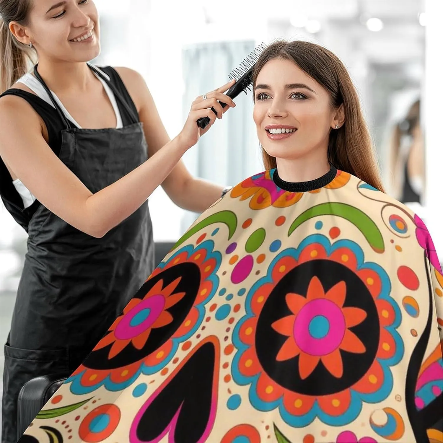 Large Long Salon Gown Cape - Haircut Cloth Apron Cape Mexican Sugar Skull Flower Art Haircut Cloth Wrap Protector for Home Stylists