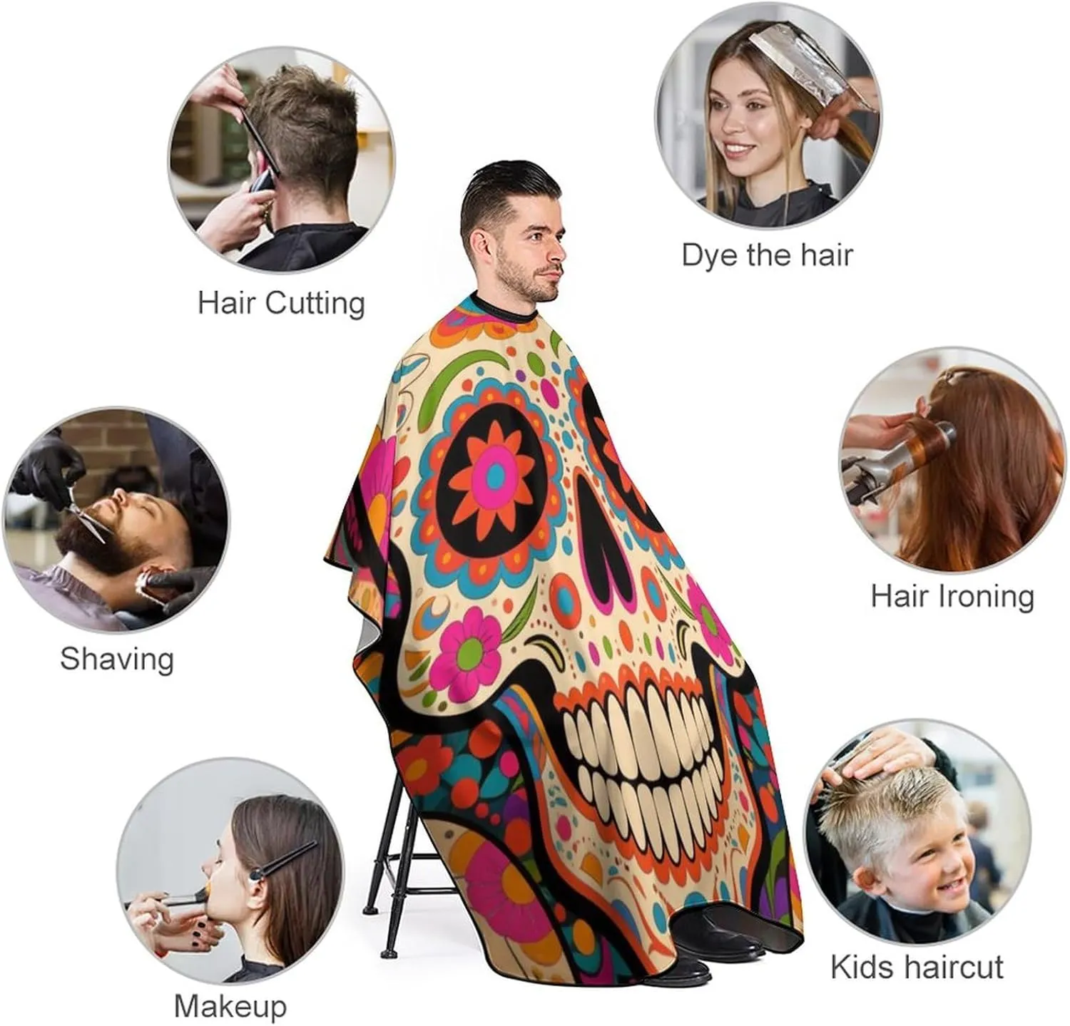 Large Long Salon Gown Cape - Haircut Cloth Apron Cape Mexican Sugar Skull Flower Art Haircut Cloth Wrap Protector for Home Stylists