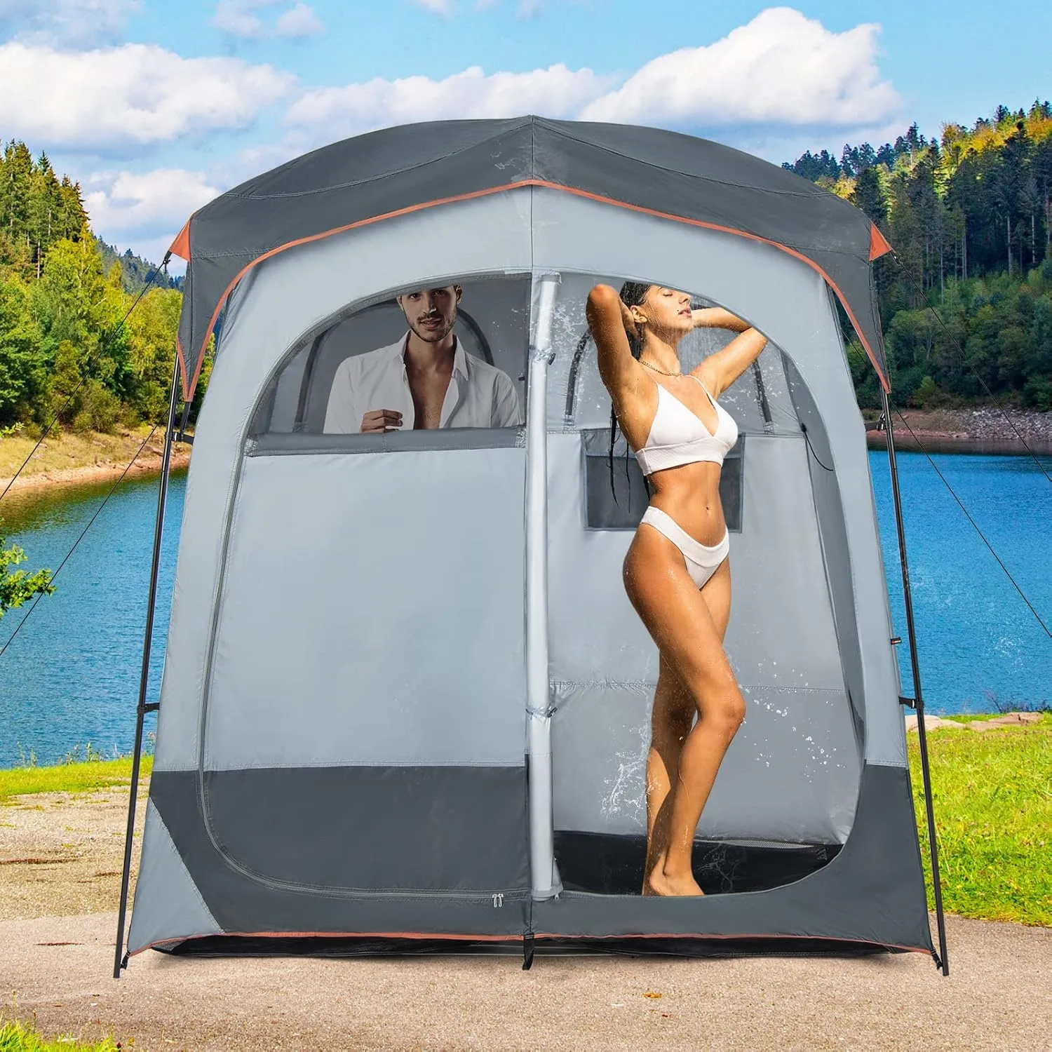 LDAILY Camping Shower Tent, 2 Room Instant Privacy Tent with Floor, Removable Rain Cover, Mesh Window, Inside Pocket and Clothesline, Portable Changing Room for Outdoor Toilet, Dressing