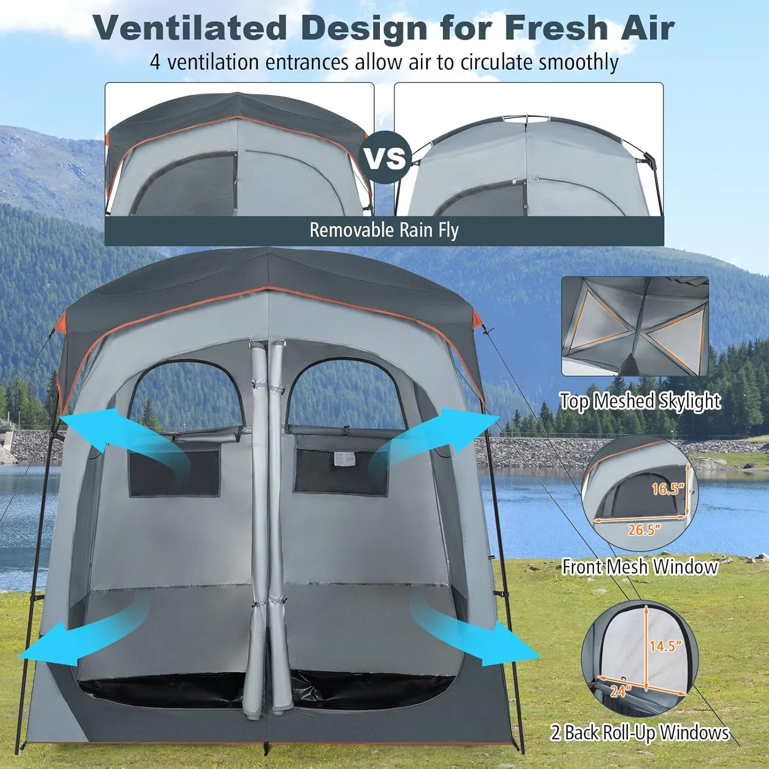 LDAILY Camping Shower Tent, 2 Room Instant Privacy Tent with Floor, Removable Rain Cover, Mesh Window, Inside Pocket and Clothesline, Portable Changing Room for Outdoor Toilet, Dressing
