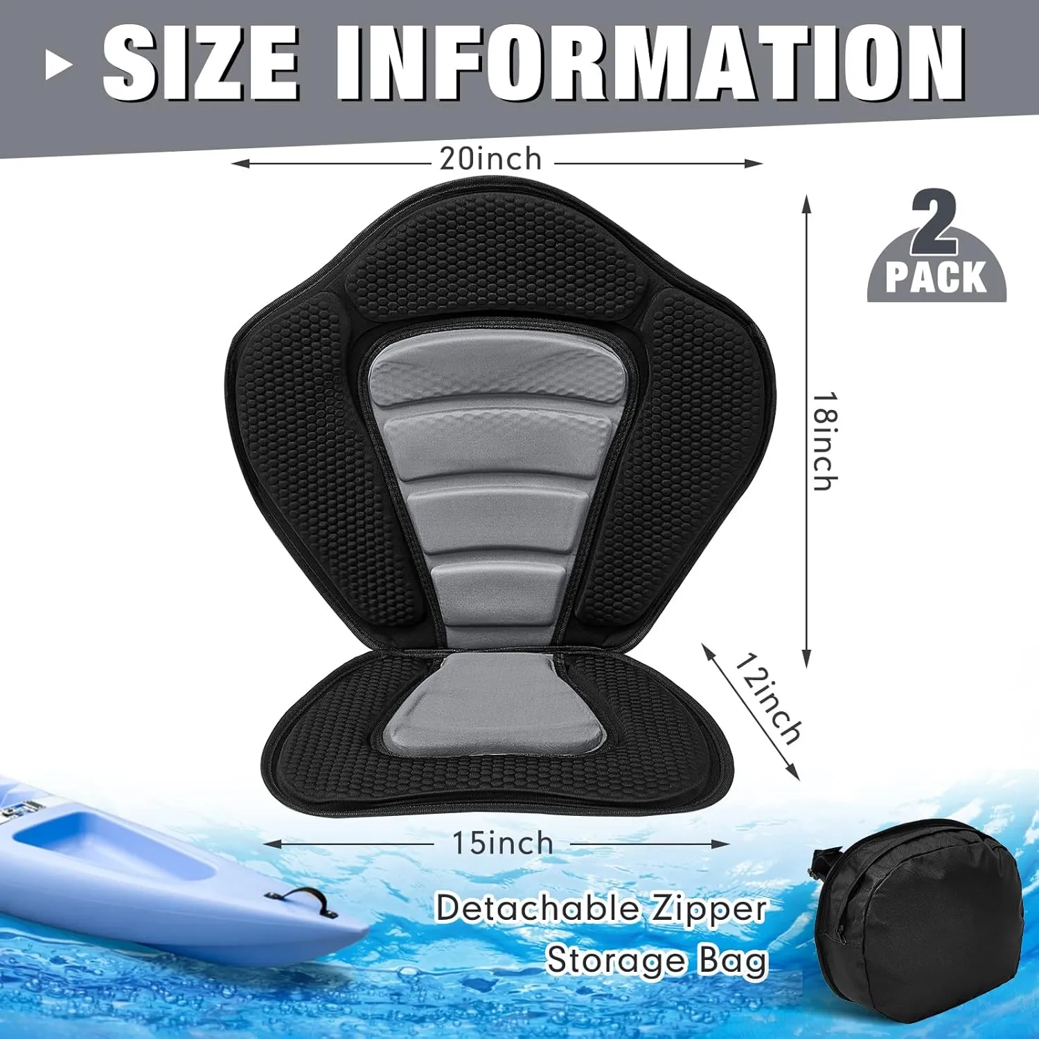 Lewtemi 2 Pack Kayak Seats with Back Support Adjustable Sit on Top Padded Boat Seat with Detachable Storage Bag and 8 Fixed D Ring and Screws