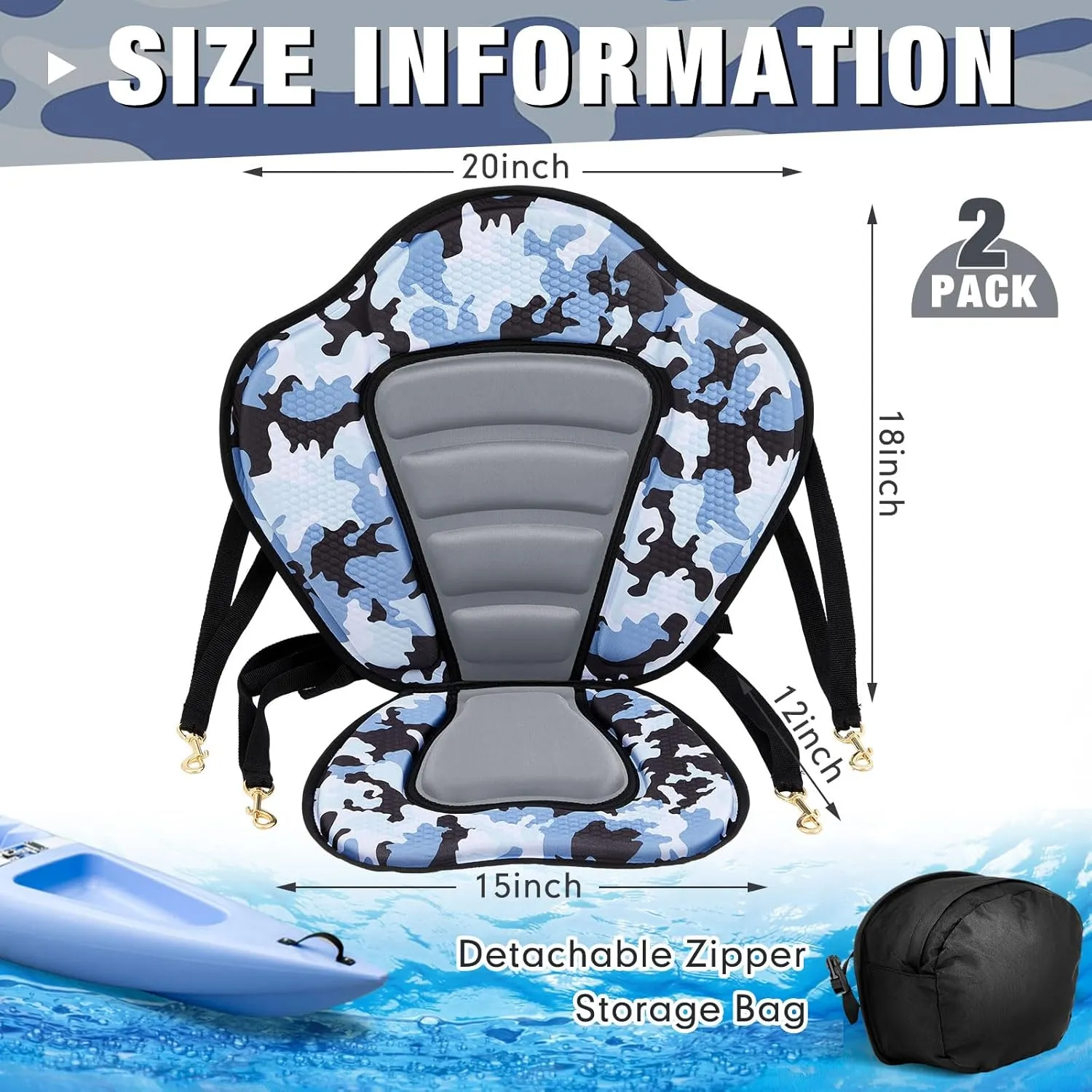 Lewtemi 2 Pack Kayak Seats with Back Support Adjustable Sit on Top Padded Boat Seat with Detachable Storage Bag and 8 Fixed D Ring and Screws