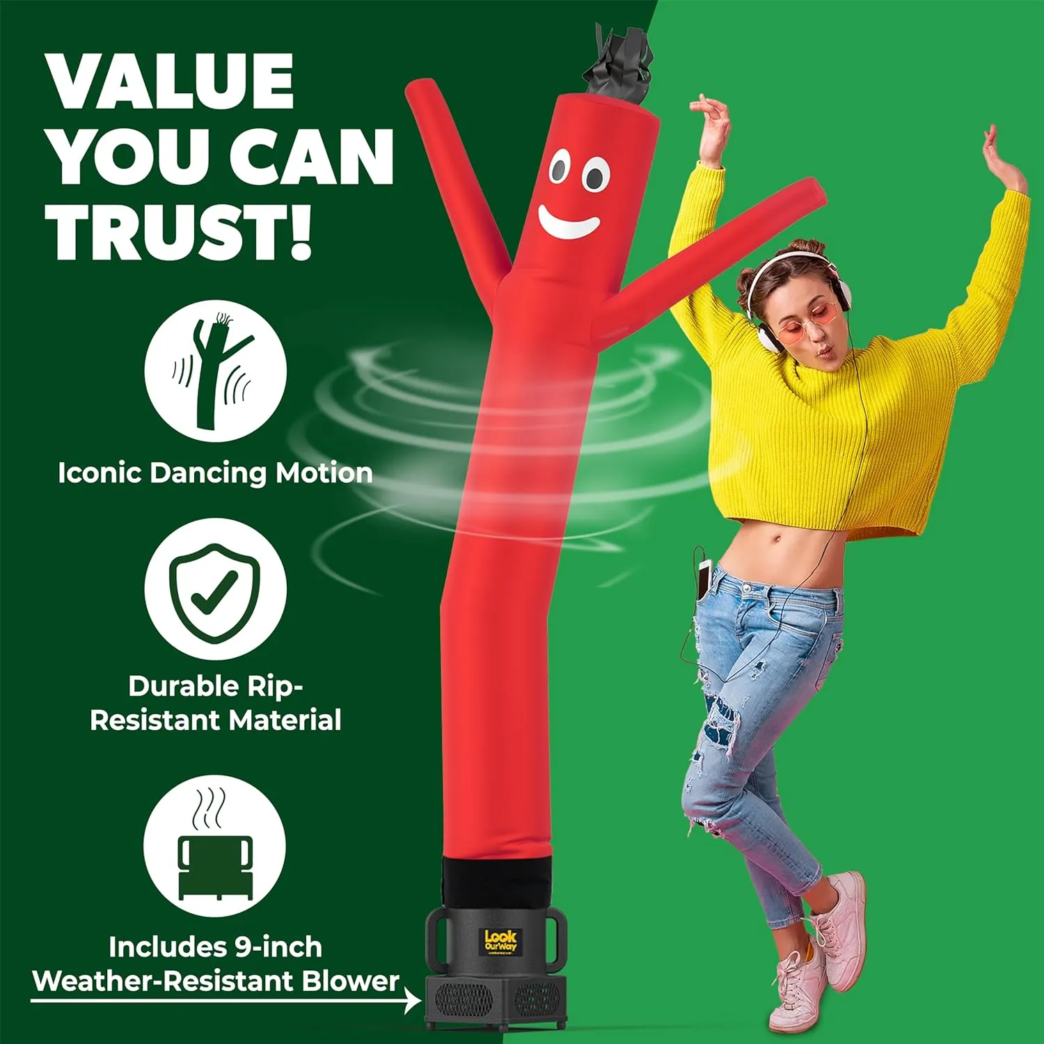 LookOurWay Air Dancers Wacky Waving Inflatable Tube Man - 7ft Tall Inflatable Dancing Man with Weather-Resitant Blower for Business Advertising - Red