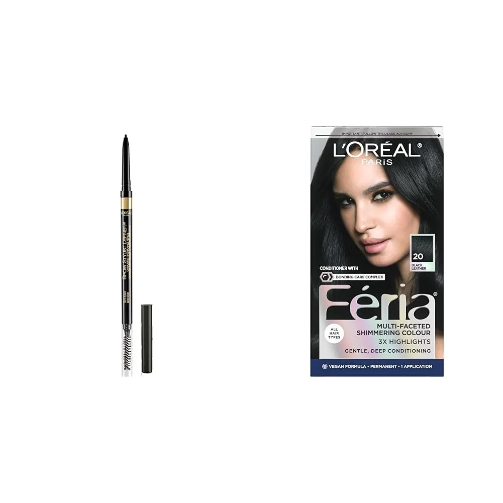 L'Oreal Paris Feria Hair Color and Brow Stylist Definer Eyebrow Pencil Bundle, Includes 1 Box of Feria 20 Natural Black Hair Dye   1 Soft Black Eyebrow Pencil