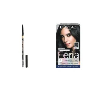L'Oreal Paris Feria Hair Color and Brow Stylist Definer Eyebrow Pencil Bundle, Includes 1 Box of Feria 20 Natural Black Hair Dye   1 Soft Black Eyebrow Pencil