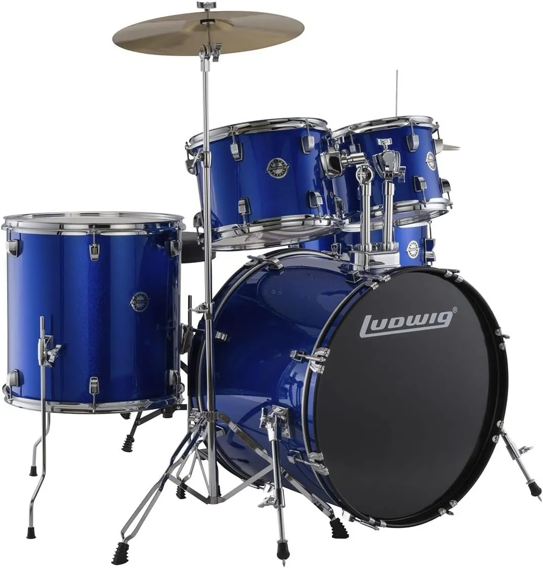 Ludwig Accent 5-piece Complete Drum Set with 22 inch Bass Drum and Wuhan Cymbals - Blue Sparkle