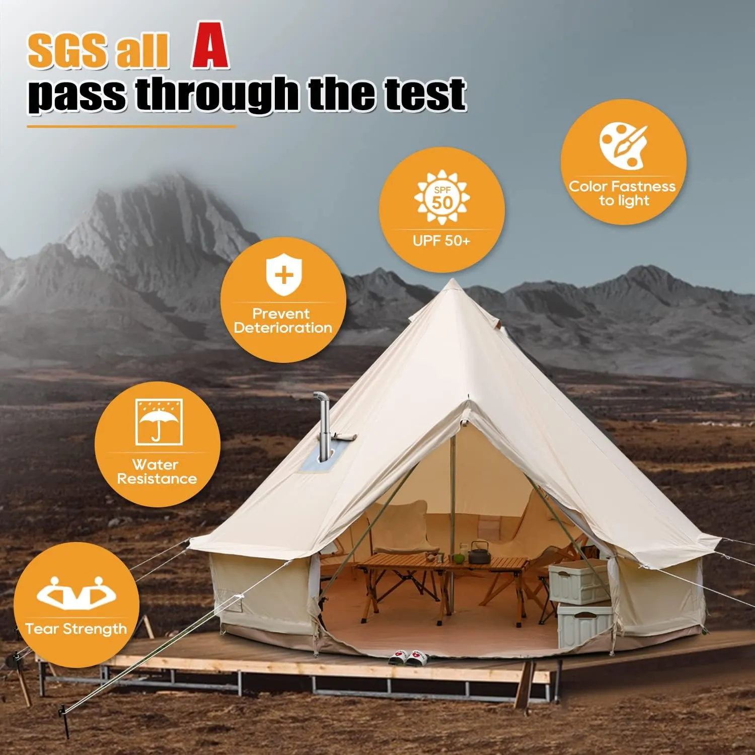 Luxury Cotton Bell Tent, Yurt Canvas Tent with Stove Jack, 4/6/8 Person Family 4 Season Camping