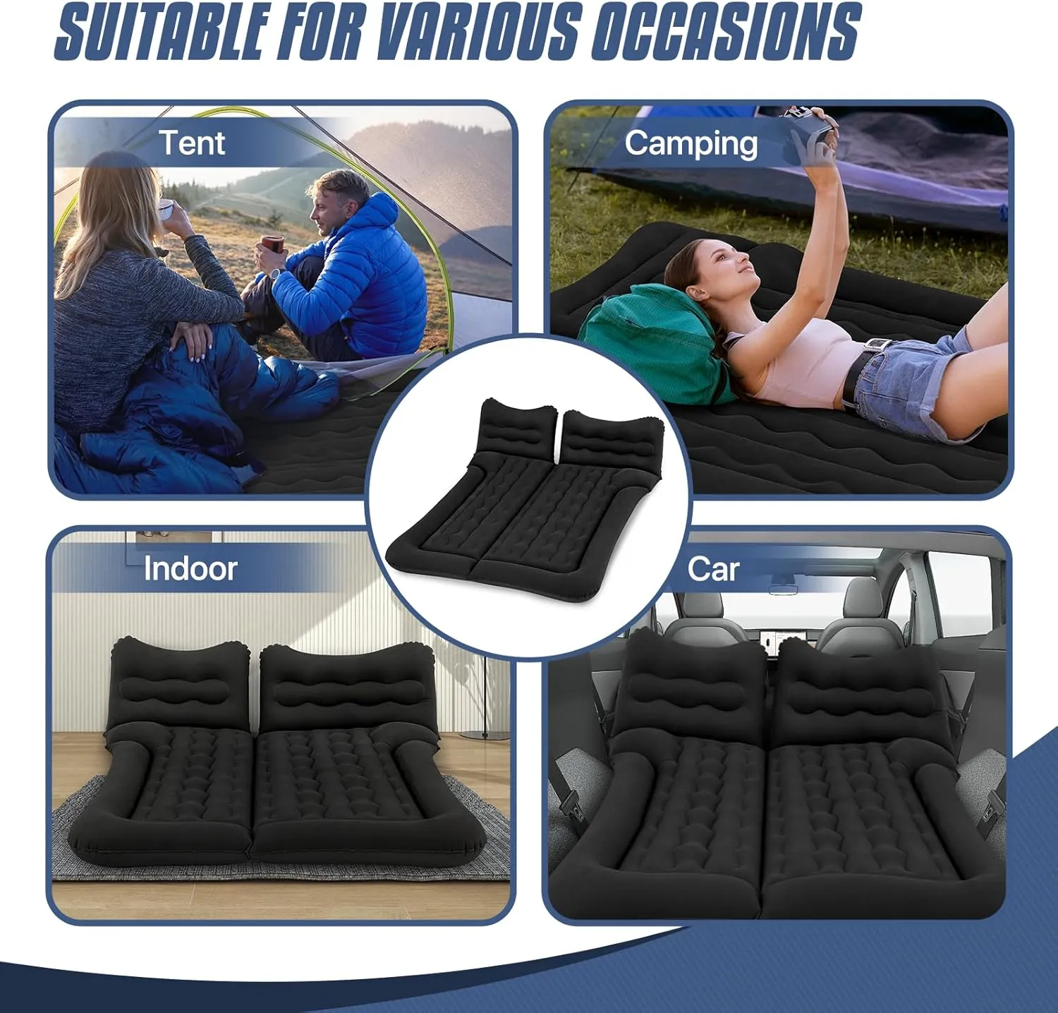 MADOG Car Inflatable Bed, Portable Foldable Flocking Surface Car Camping Mattress for Home Car Travel Camping, Car Bed Backseat Load Up to 440 lbs, Black