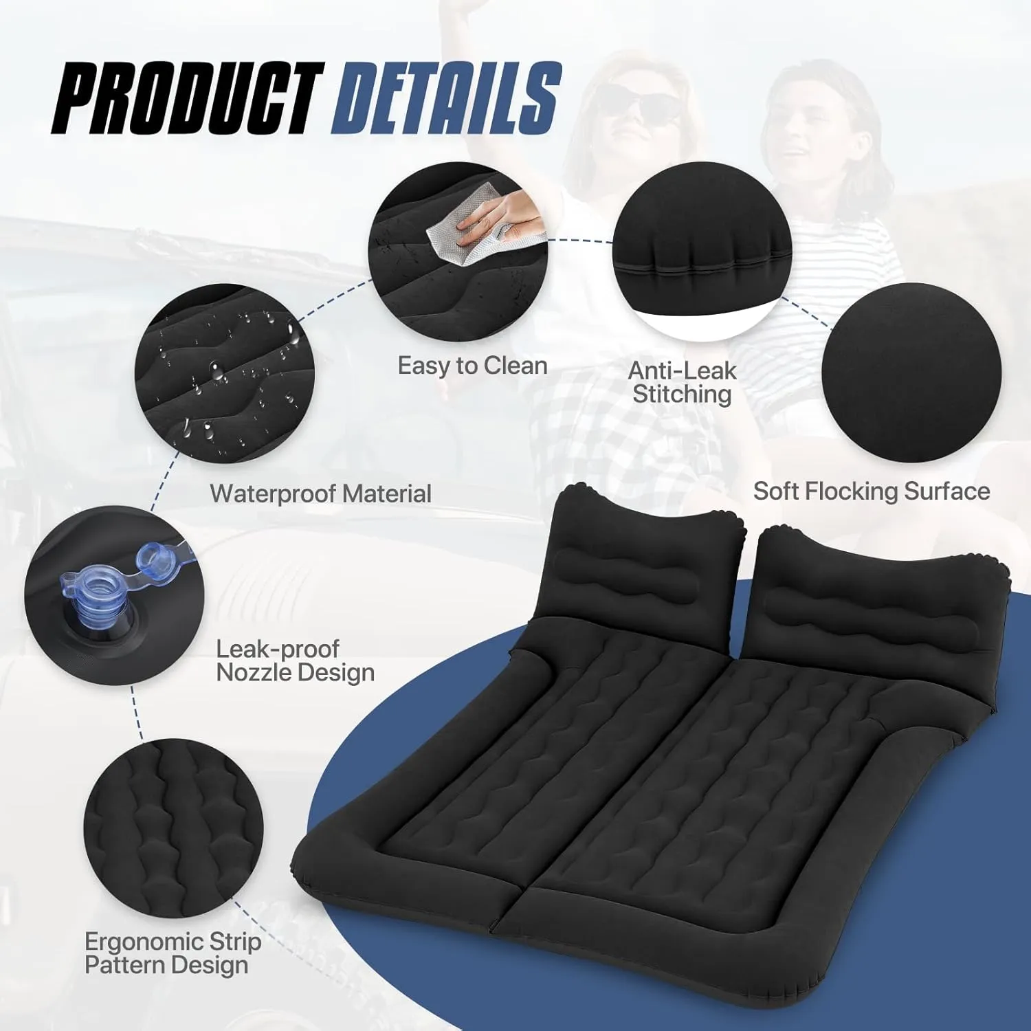 MADOG Car Inflatable Bed, Portable Foldable Flocking Surface Car Camping Mattress for Home Car Travel Camping, Car Bed Backseat Load Up to 440 lbs, Black