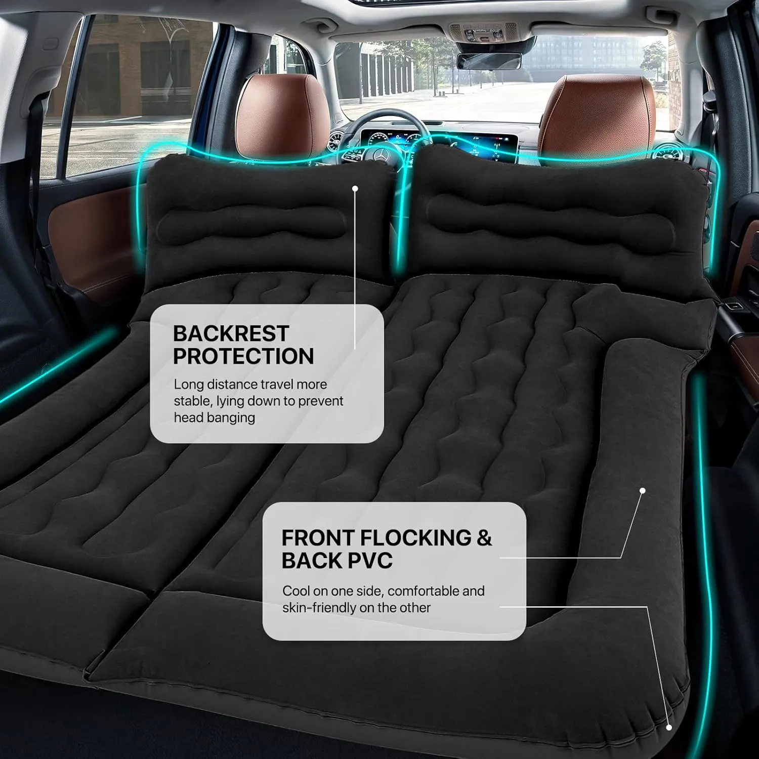 MADOG Car Inflatable Bed, Portable Foldable Flocking Surface Car Camping Mattress for Home Car Travel Camping, Car Bed Backseat Load Up to 440 lbs, Black