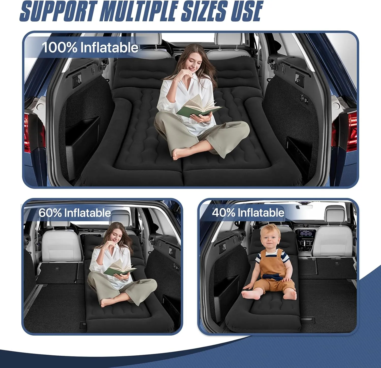 MADOG Car Inflatable Bed, Portable Foldable Flocking Surface Car Camping Mattress for Home Car Travel Camping, Car Bed Backseat Load Up to 440 lbs, Black