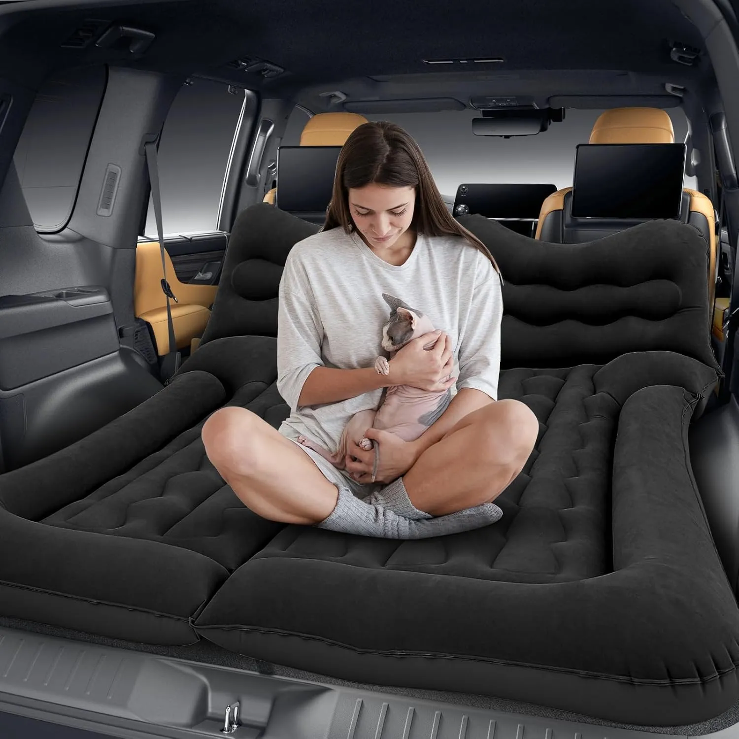 MADOG Car Inflatable Bed, Portable Foldable Flocking Surface Car Camping Mattress for Home Car Travel Camping, Car Bed Backseat Load Up to 440 lbs, Black