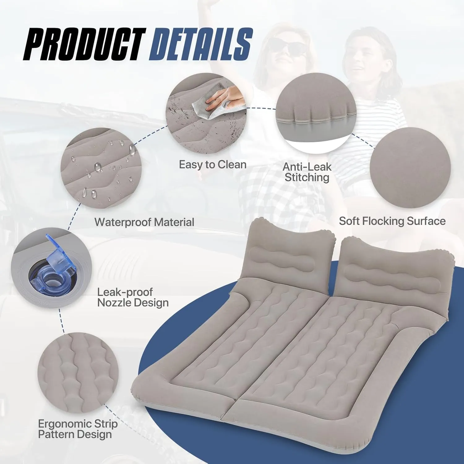 MADOG Car Inflatable Bed, Portable Foldable Flocking Surface Car Camping Mattress for Home Car Travel Camping, Car Bed Backseat Load Up to 440 lbs, Grey