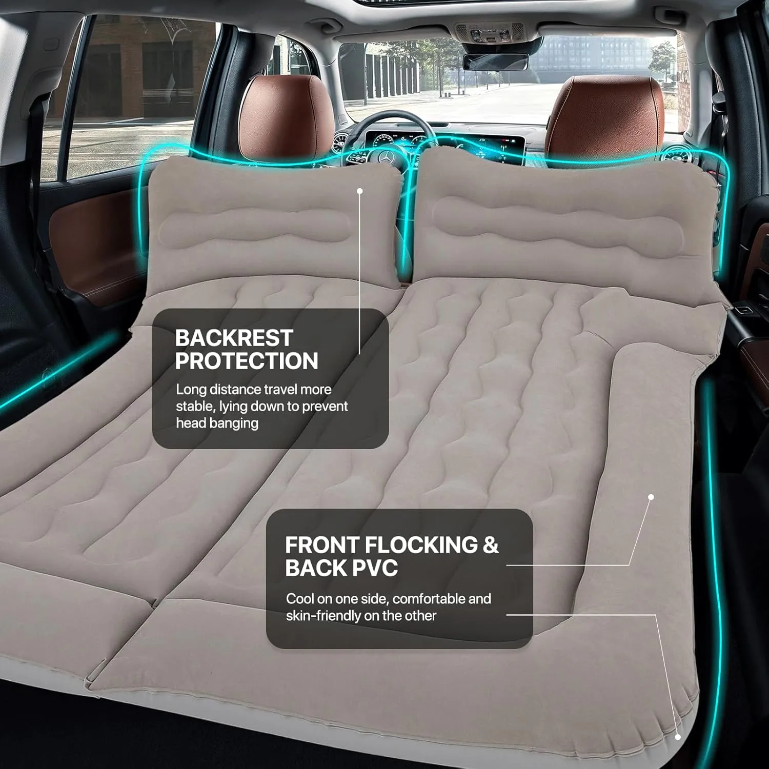 MADOG Car Inflatable Bed, Portable Foldable Flocking Surface Car Camping Mattress for Home Car Travel Camping, Car Bed Backseat Load Up to 440 lbs, Grey