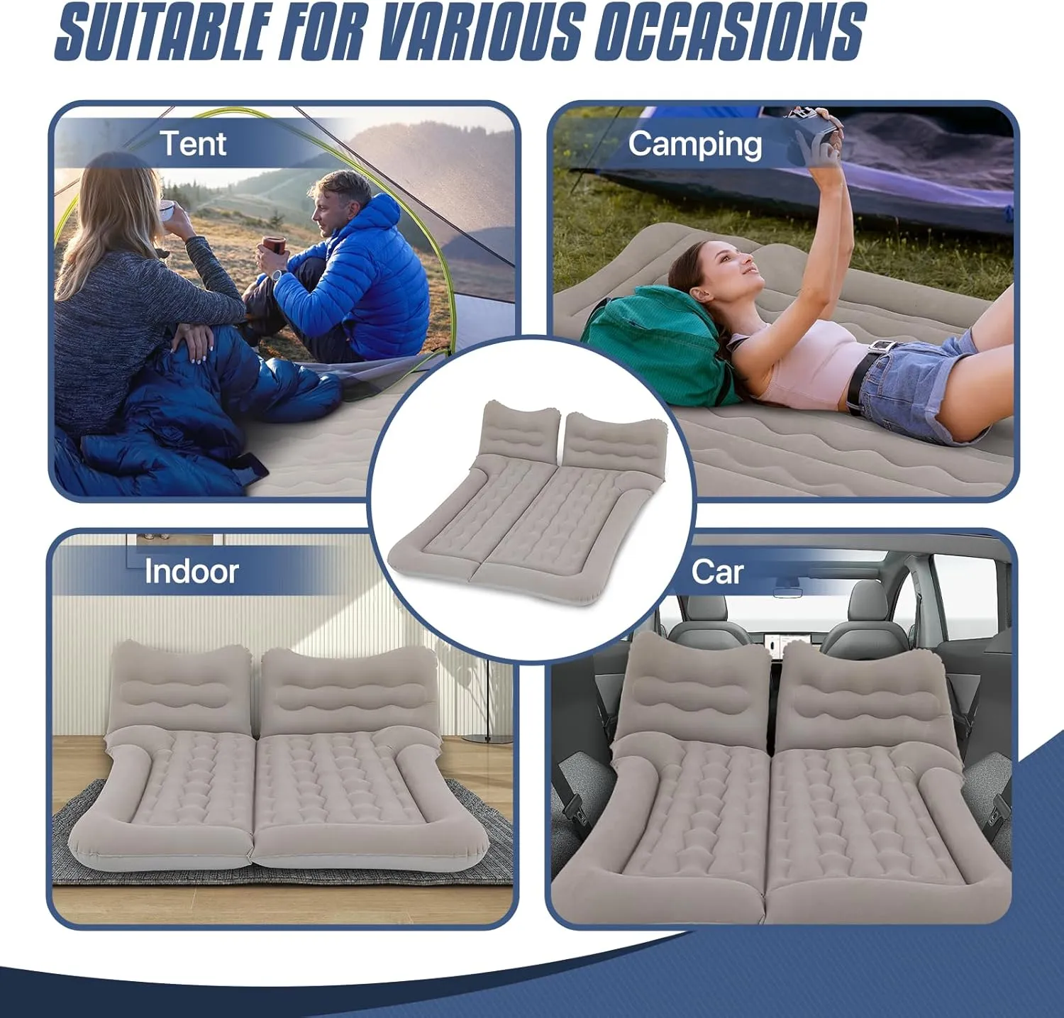 MADOG Car Inflatable Bed, Portable Foldable Flocking Surface Car Camping Mattress for Home Car Travel Camping, Car Bed Backseat Load Up to 440 lbs, Grey